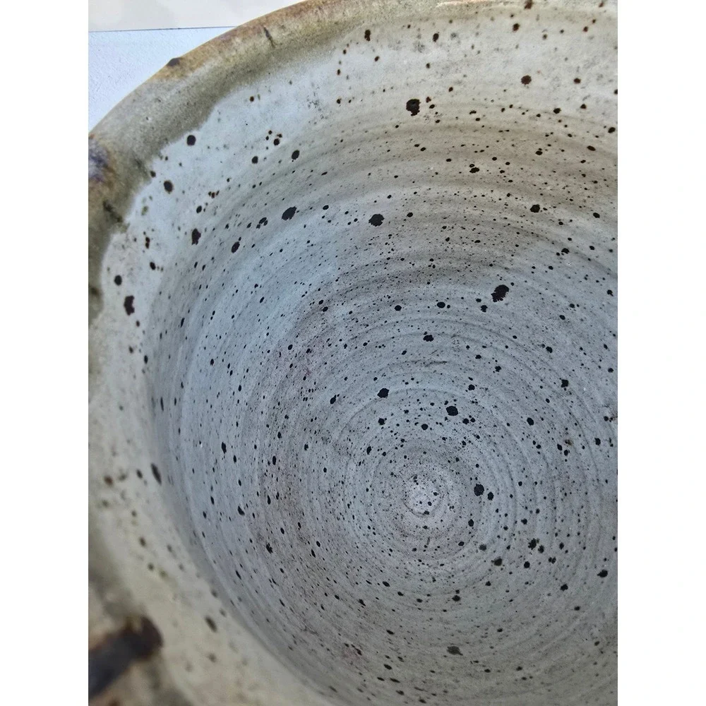 Studio MCM Pottery Hand Thrown Speckled Glaze Vase Abstract Indigo Ochre Signed
